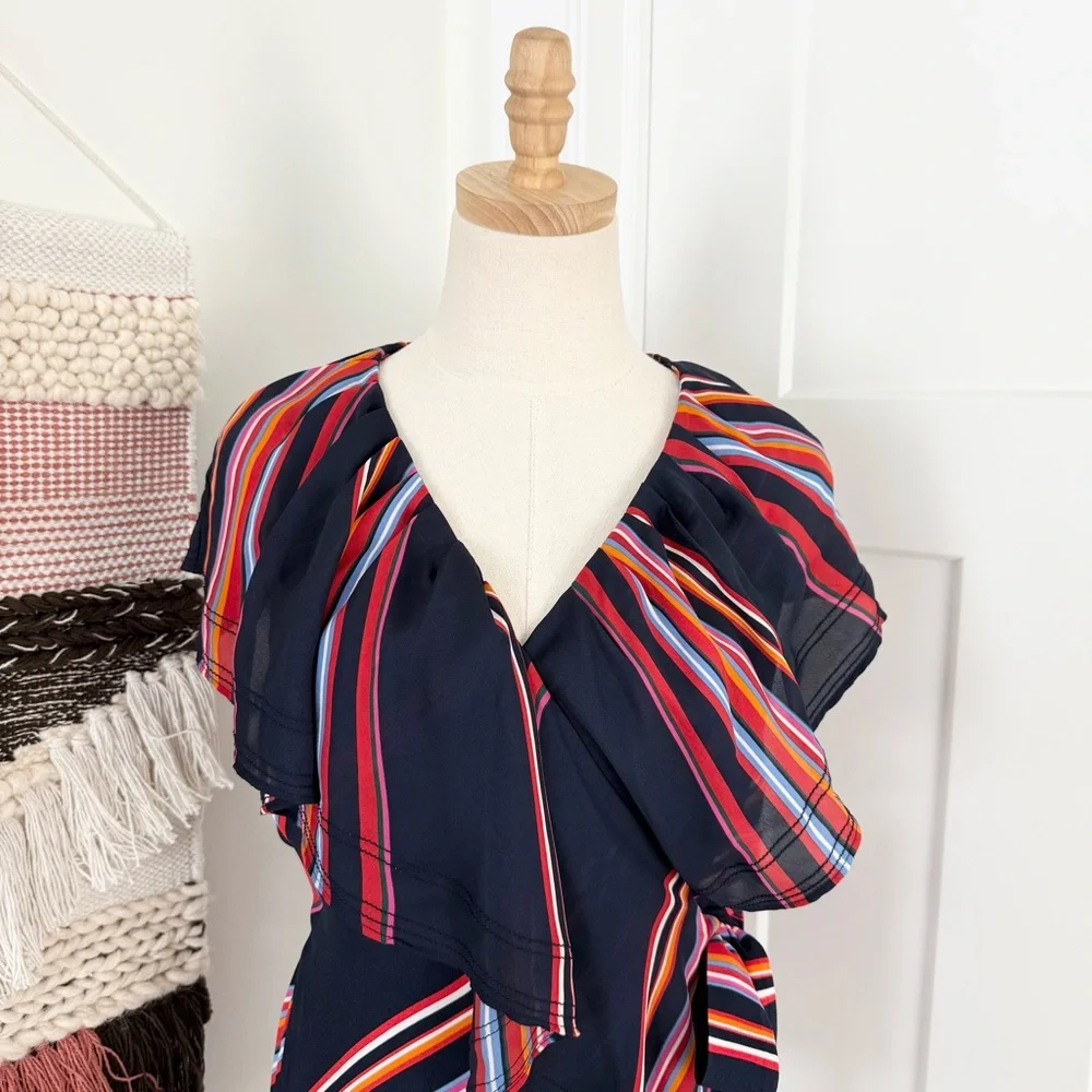 Tory Burch Amelia Navy Blue Multicolor Stripe Ruffled Wrap Blouse Top Sz 8